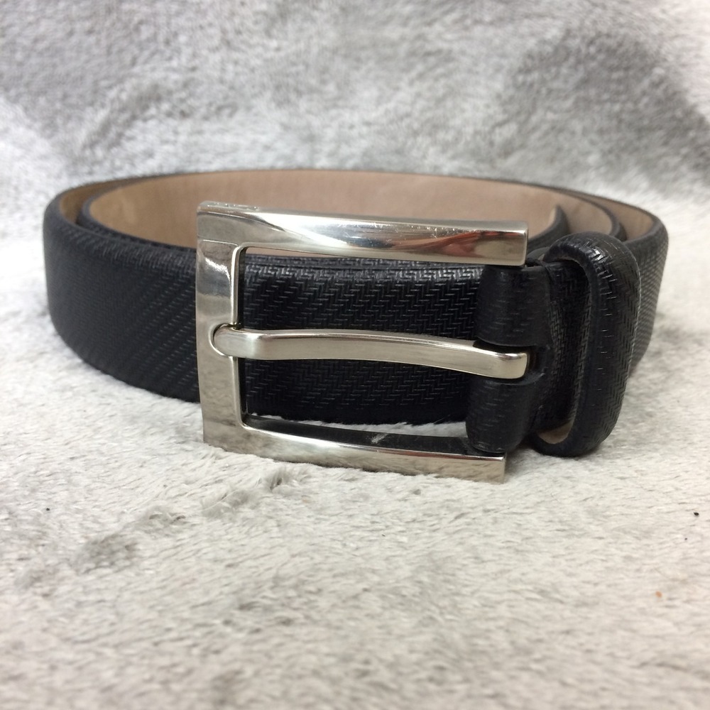 TUMI Mens Black Leather Belt Size 34 / 85 Rectangle‎ Carbon Fiber 35mm